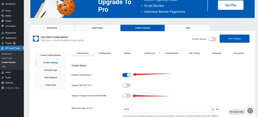 Activate WP Cookie Consent plugin, enable Cookie Notice, and disable Google Consent Mode toggle.