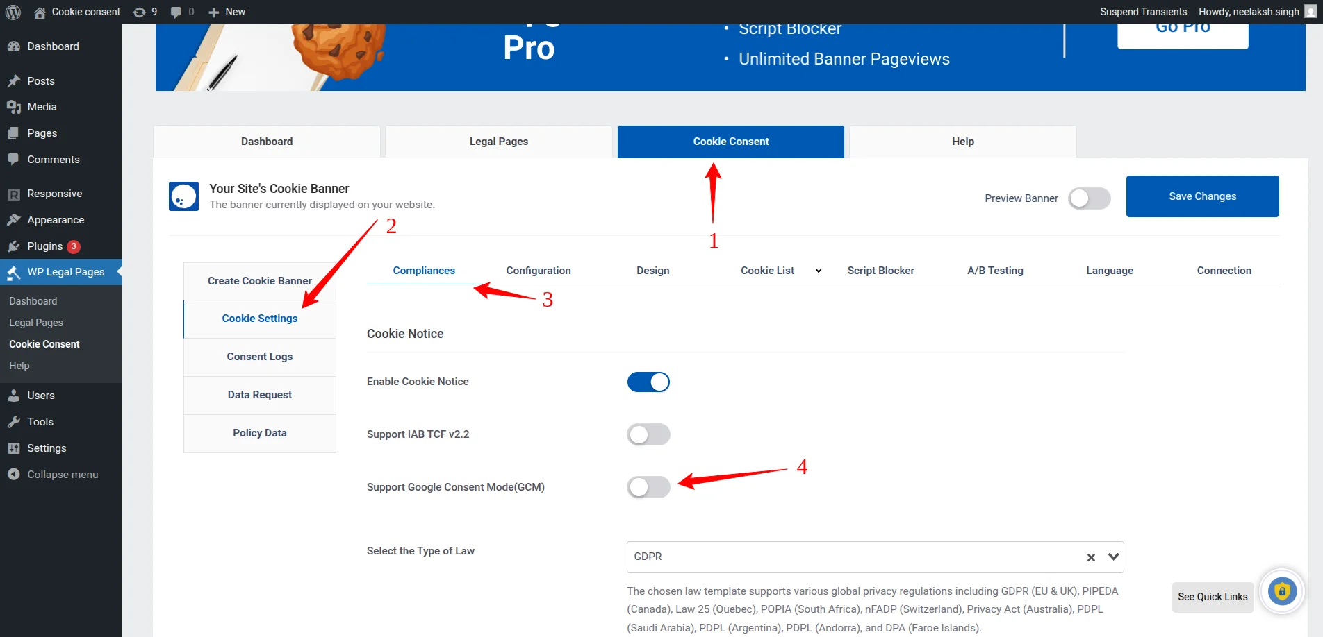 Go to Cookie Settings  Compliances and enable Google Consent Mode toggle.