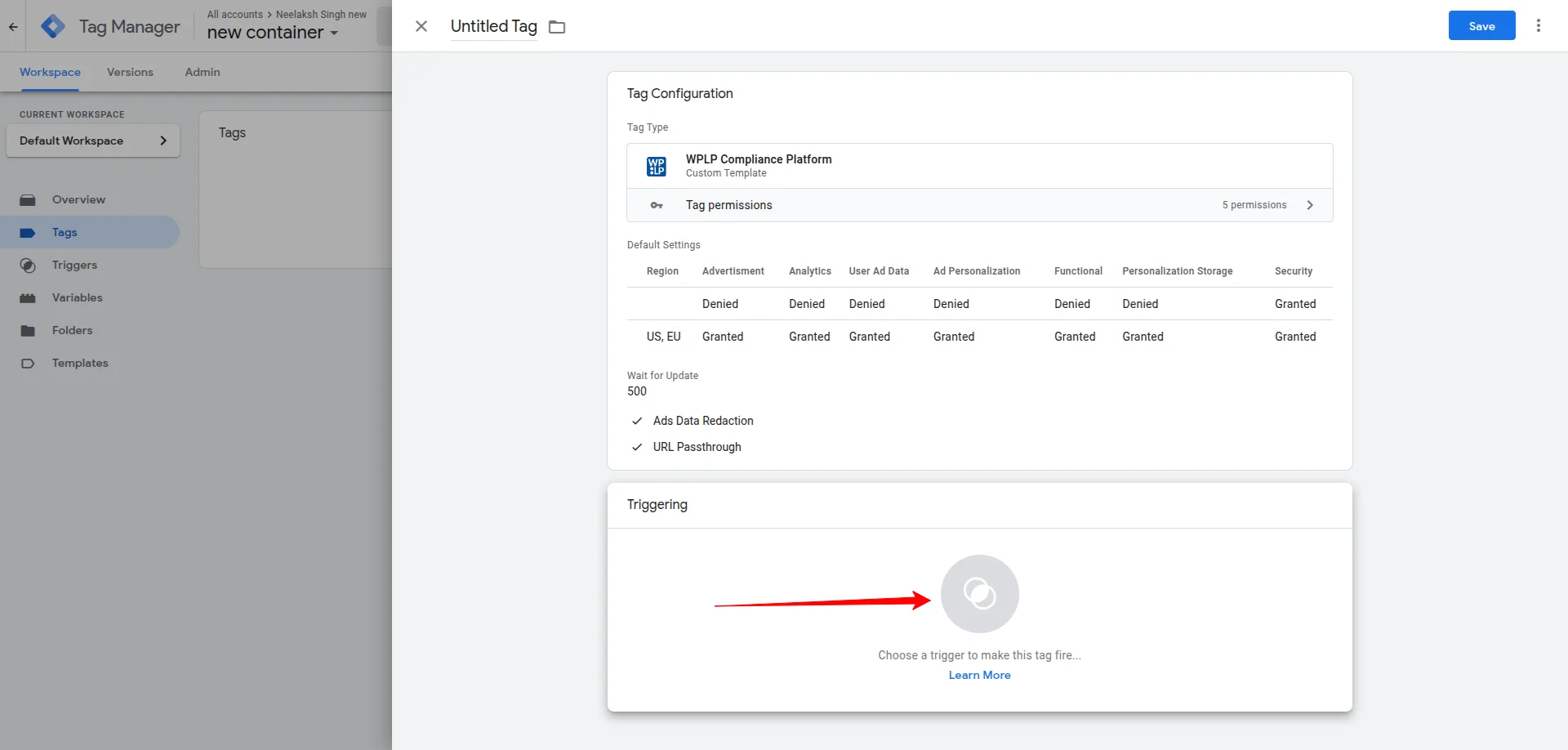 Select 'Consent Initialization - All Pages' as the trigger under the Triggering tab.