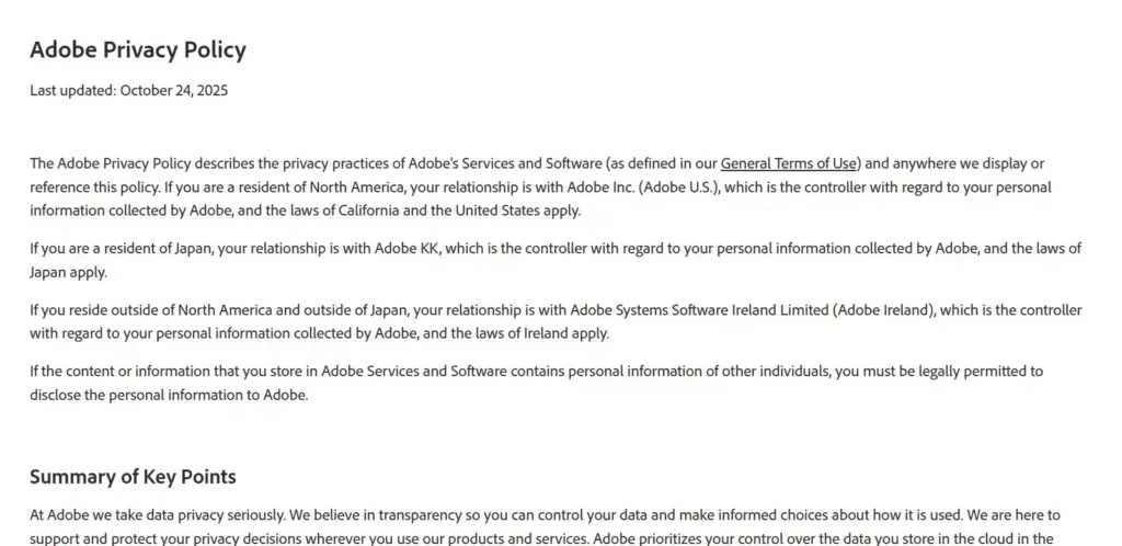 Adobe - Multimedia Privacy Policy example