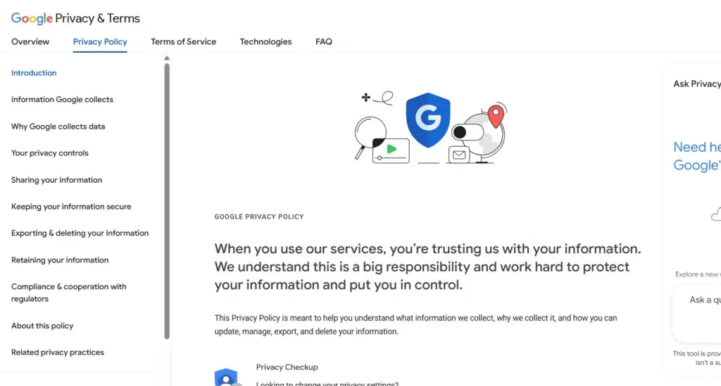 Google - Search Engine Privacy Policy example