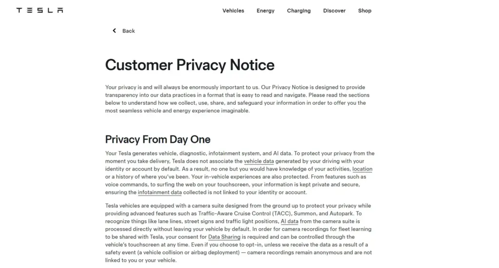 Tesla - Automobile Privacy Policy example