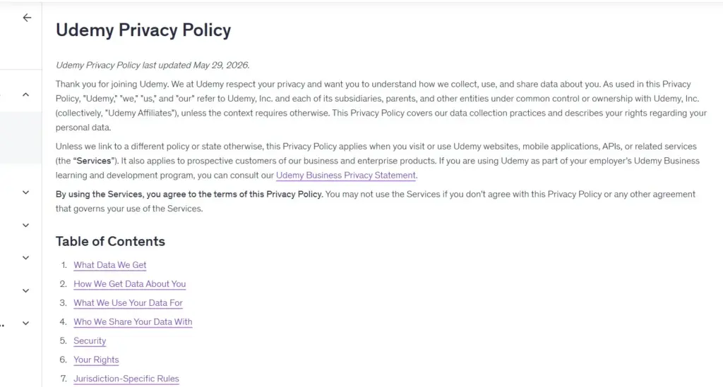 Udemy Privacy Policy example