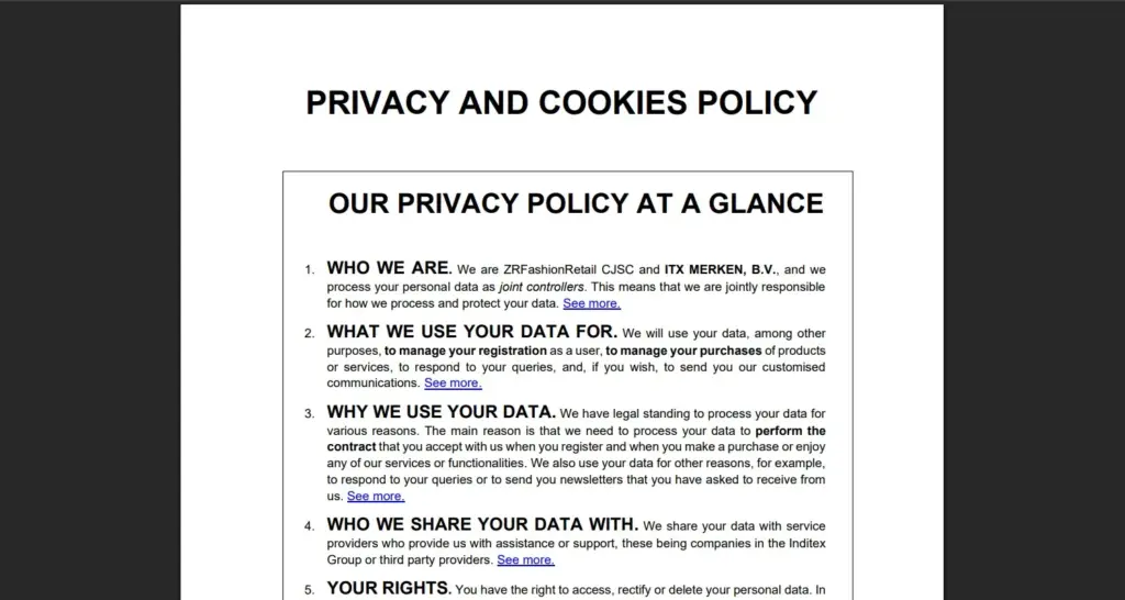 Zara - Fashion Lifestyle Privacy Policy example