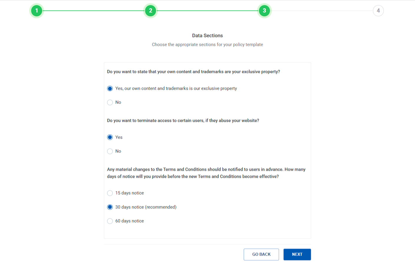 Data section of the privacy page