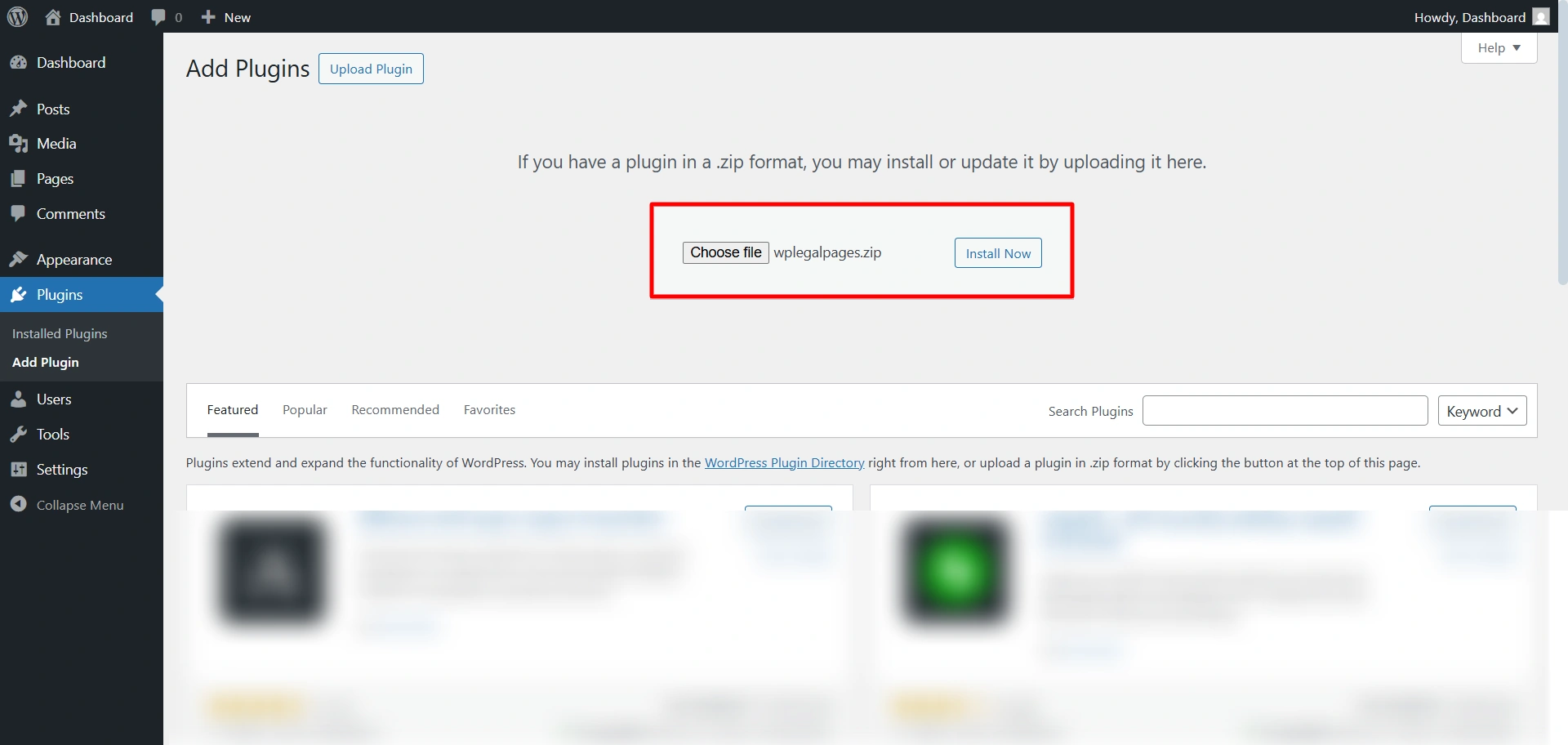 Upload the zip file