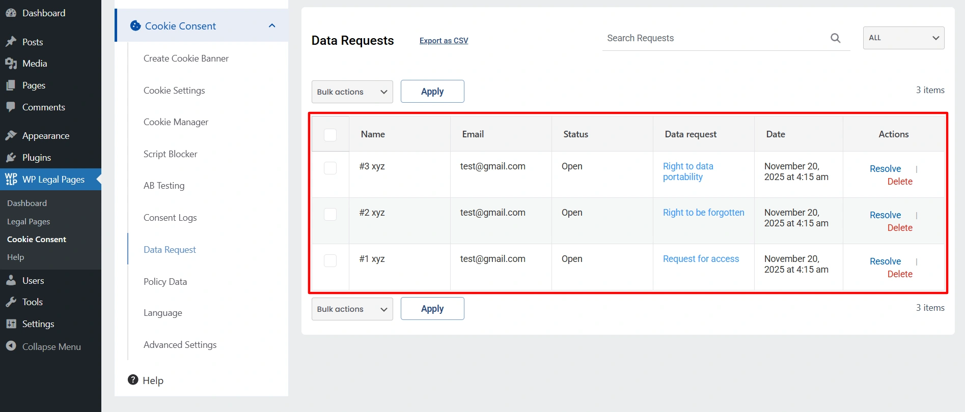 Data request tab