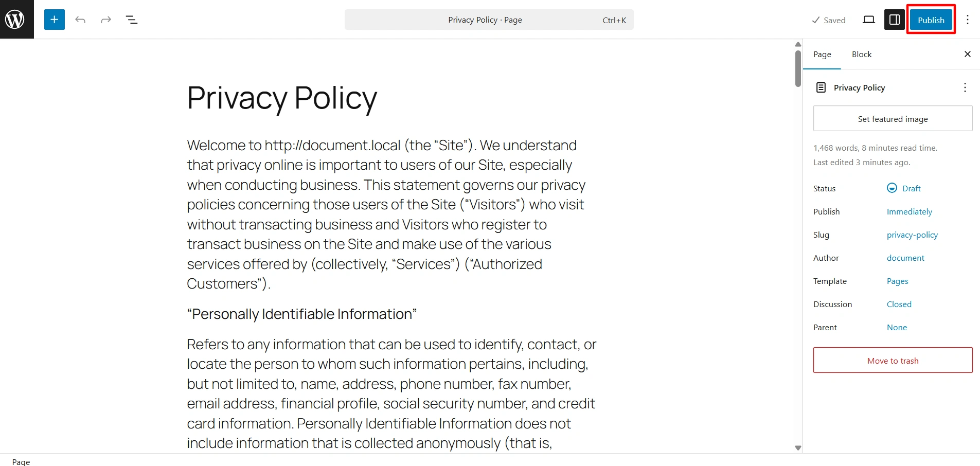 Publish legal page