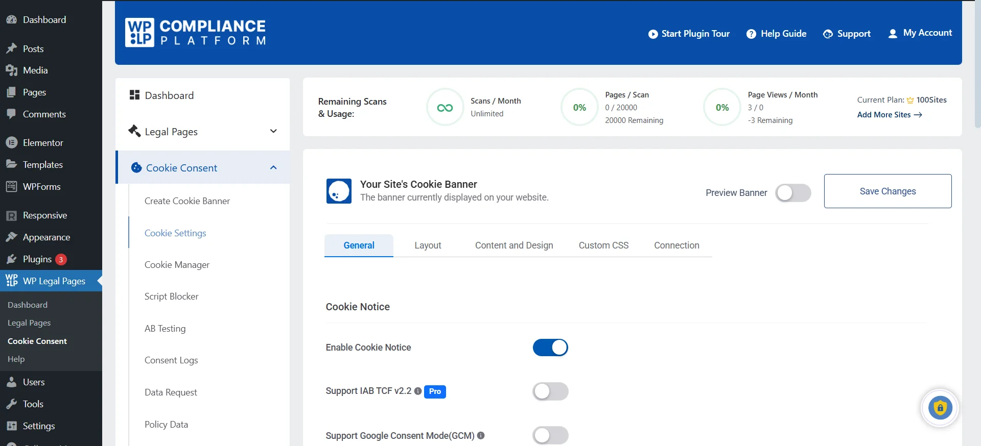WP Cookie Consent dashboard
