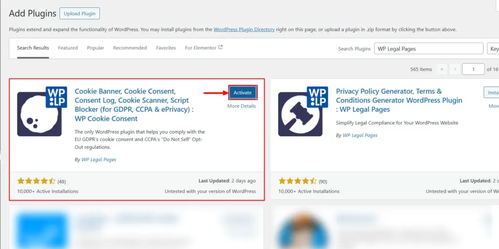 Activating WP Cookie Consent Plugin